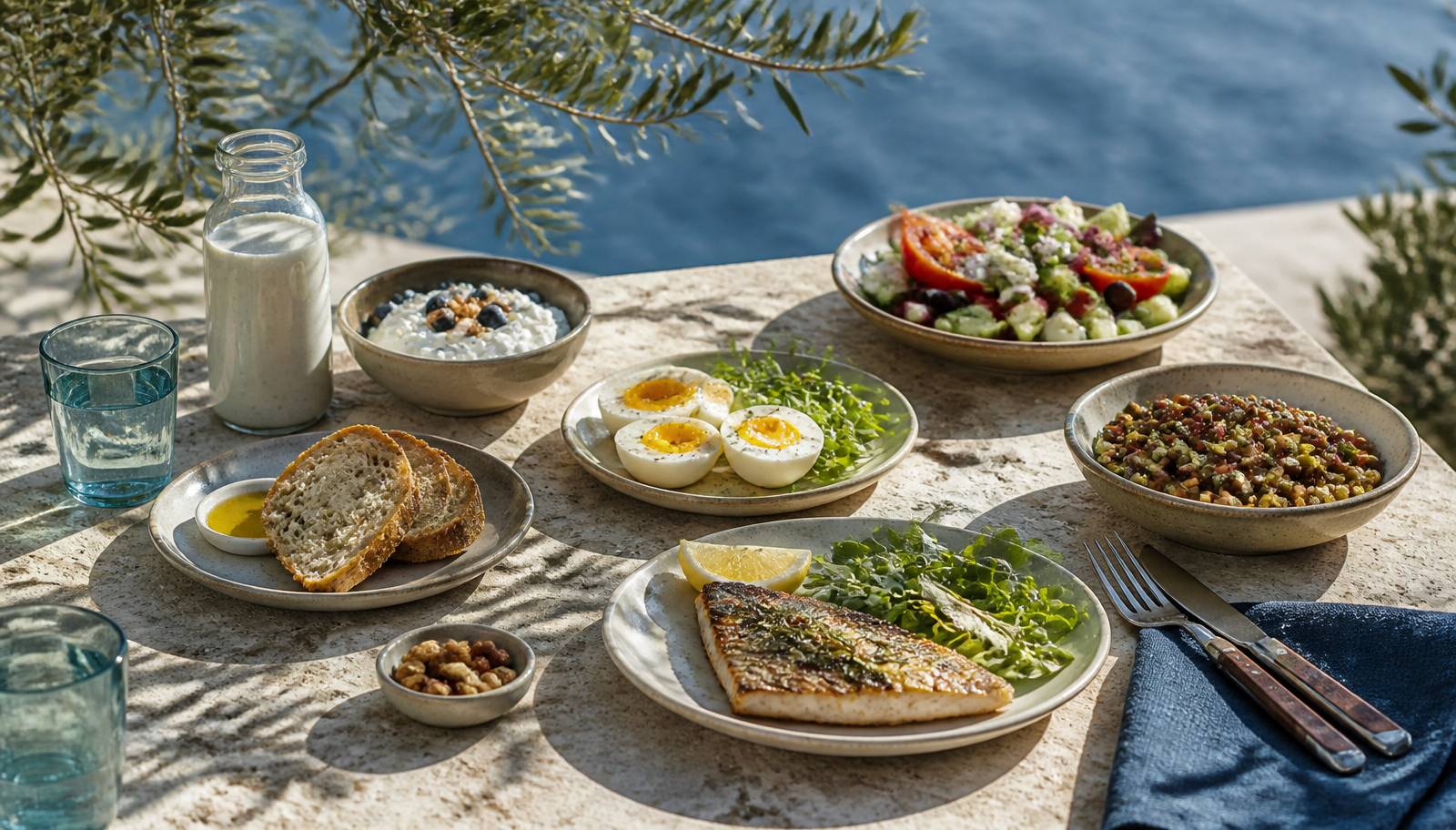 Beljakovinsko bogati mediteranski obroki, razporejeni na kamniti mizi ob morju