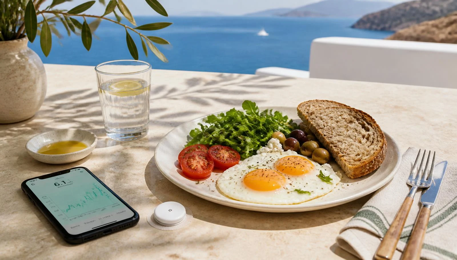 Uravnotežen mediteranski obrok, senzor za glukozo in telefon s krivuljo glukoze ob morju