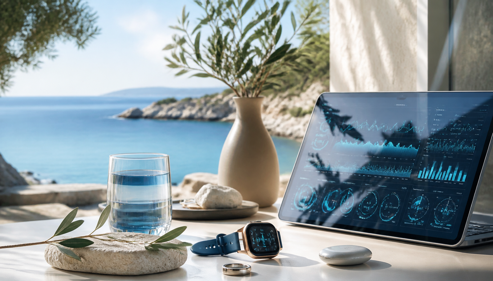 Pametna ura, pametni prstan in senzor za glukozo ob tablici s podatki v svetlem mediteranskem prostoru